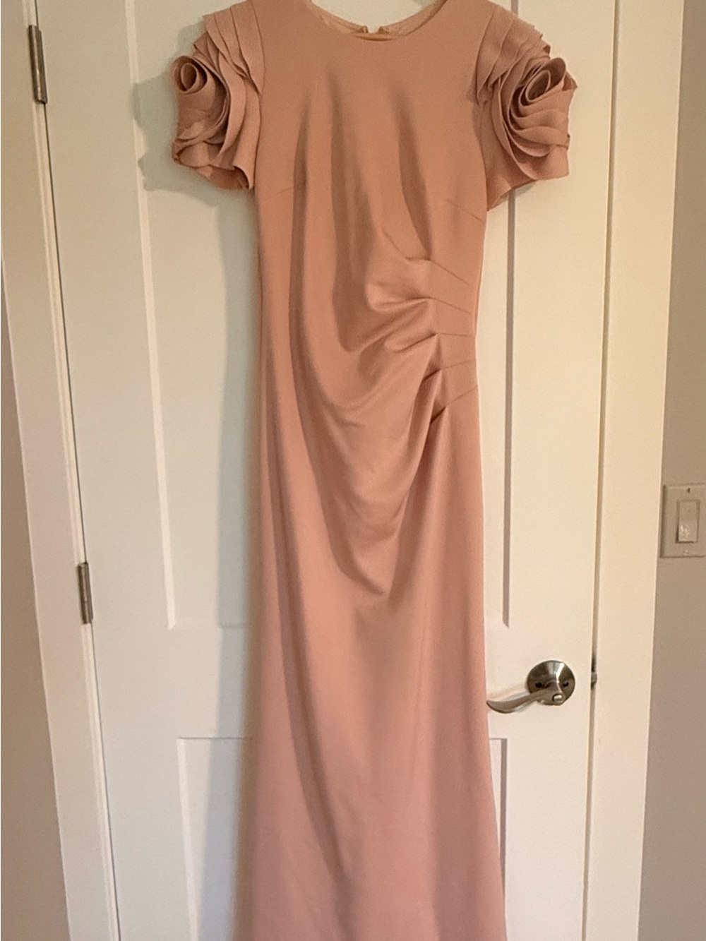 Xscape Blush Pink Maxi Dress with Rosette Short Sleeves